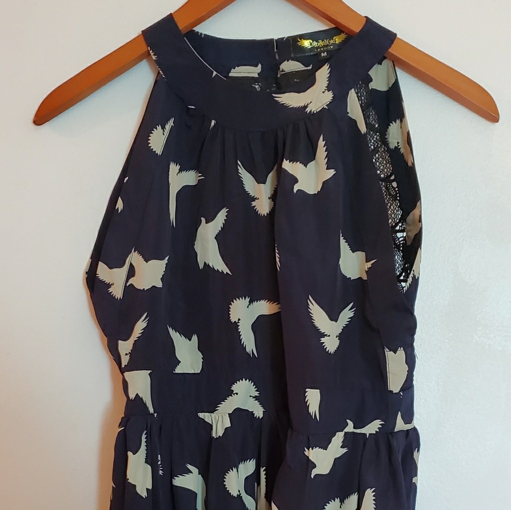 Navy Blue Bird Print Dress with Lace Back